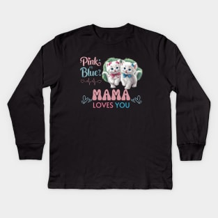 Cute Pink Or Blue Mama Loves You Pink and Blue Coquette Kittens with Bows and Ribbons Baby Gender Reveal Baby Shower Mother's Day Cat Mother Kids Long Sleeve T-Shirt